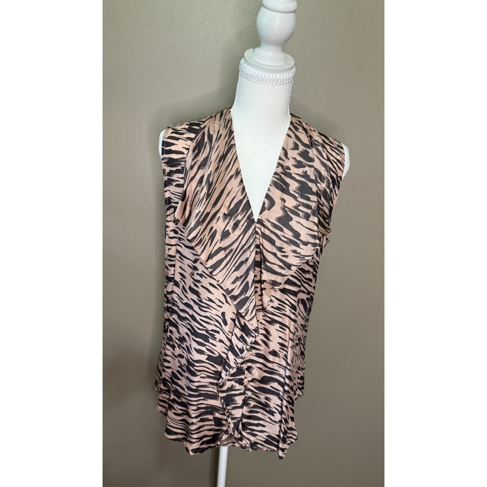 CAbi Women Pink Silk Ruffle Blouse Sleeveless Animal Print V-Neck Style 104 M